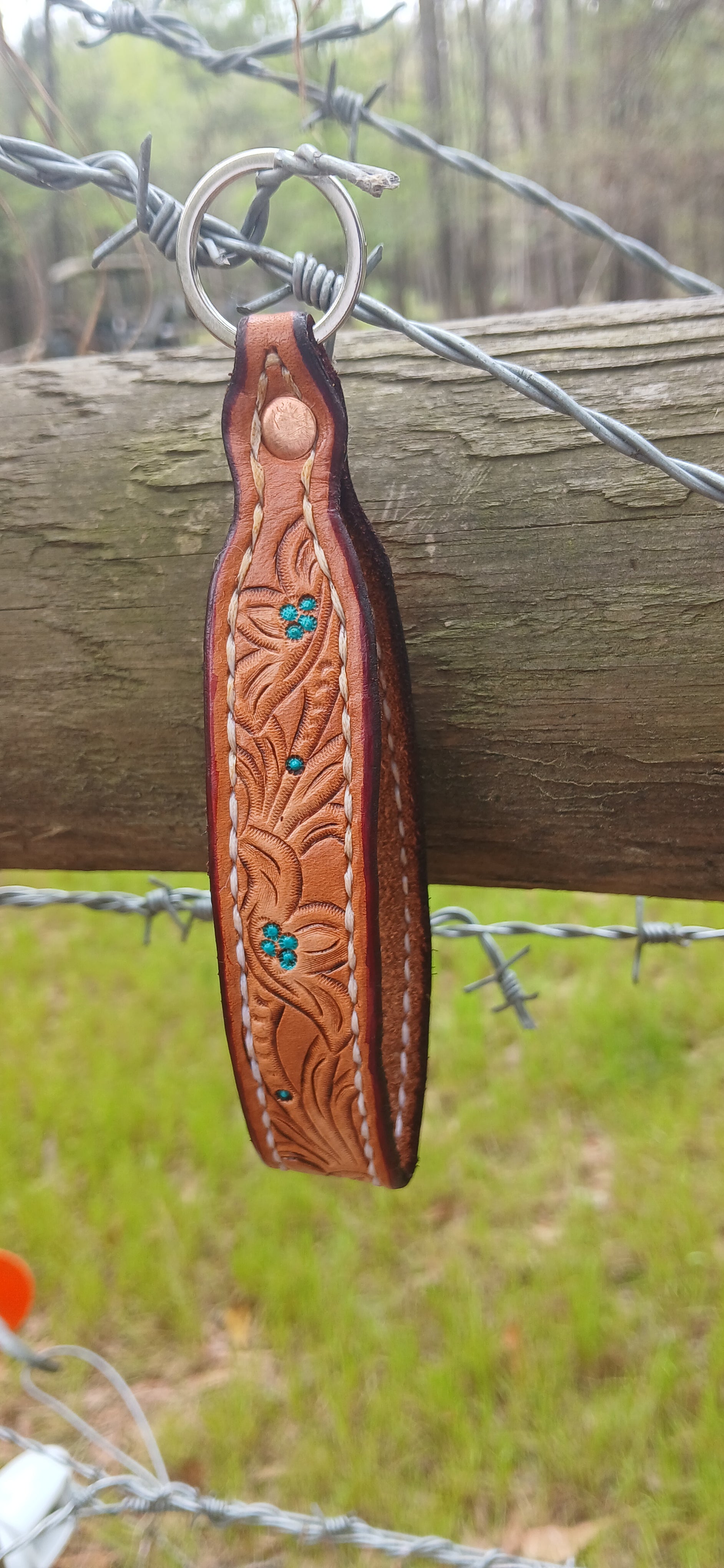 Leather Keychain (floral tooled with turquoise accents)