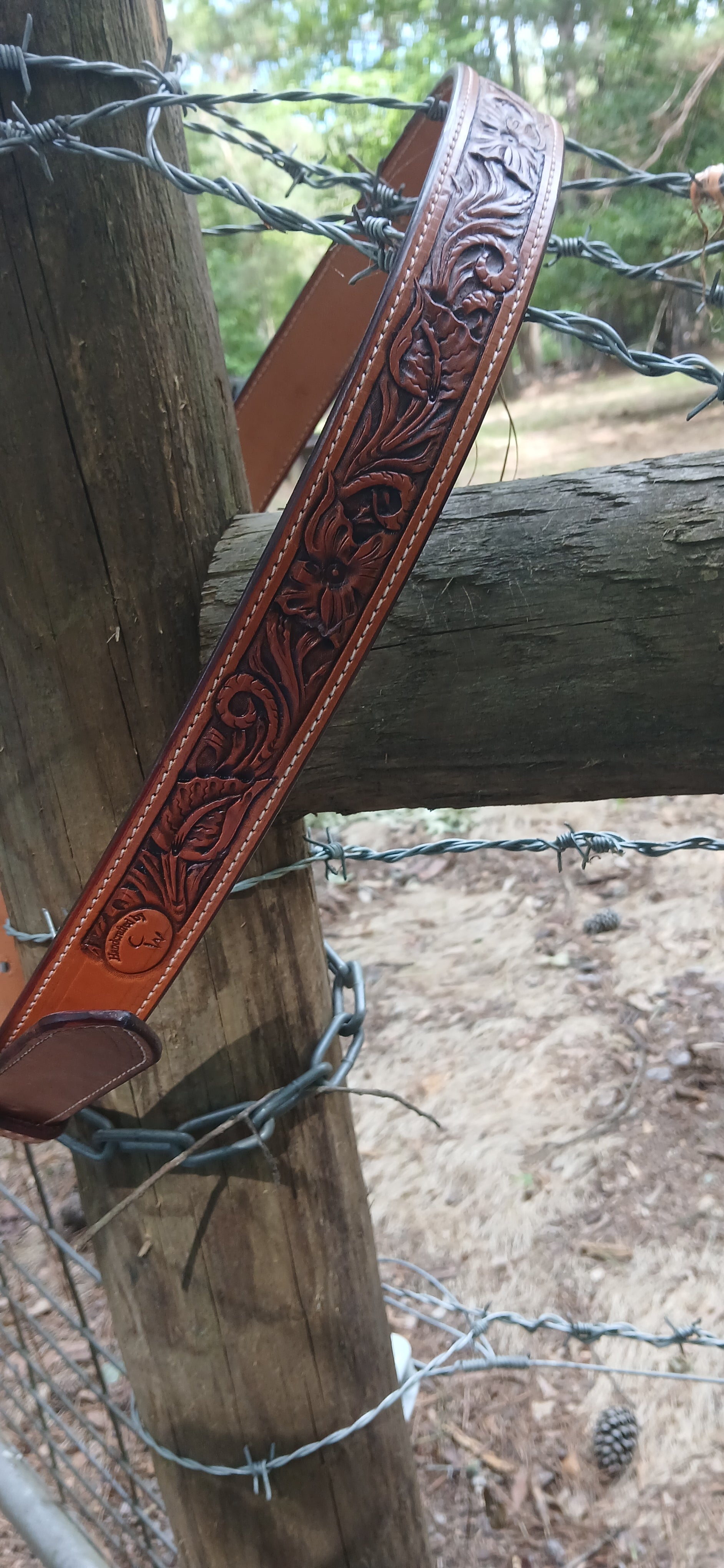 Tooled Leather Belt 40 in adjustable to fit 37-43 in waist